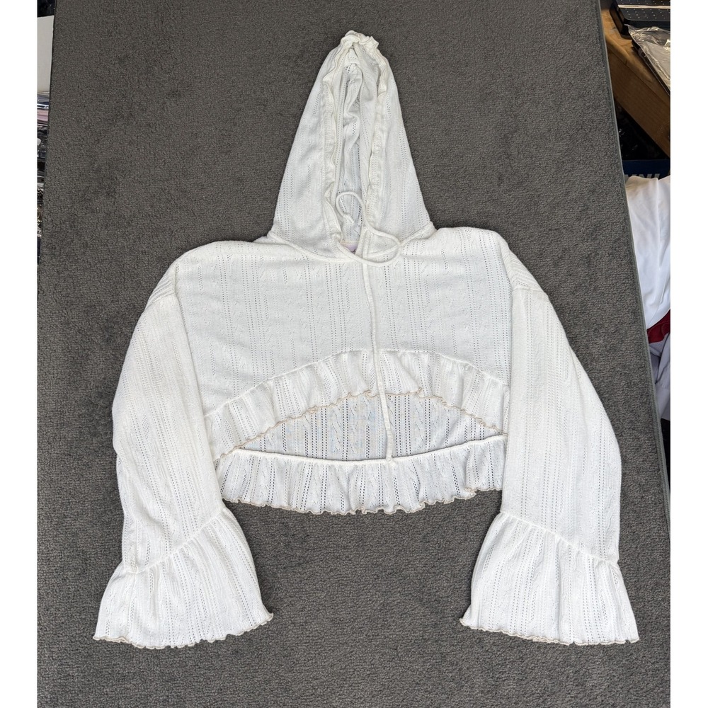 Out From Under White Pointelle Ruffle Cropped Bell Sleeve Hoodie Top S